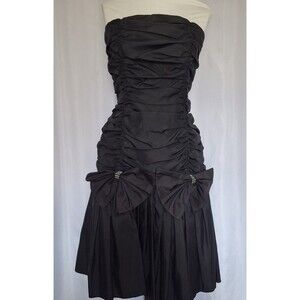 Vtg 80s black satiny prom dress strapless ruched big bows mini sz 11-12